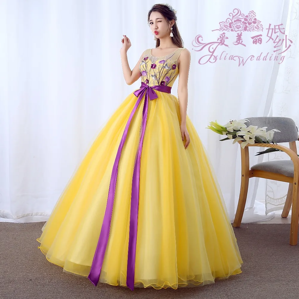 

freeship yellow with purple bowtie wasit cosplay ball gown Medieval Renaissance Gown cosplay Victoria dress Marie Belle