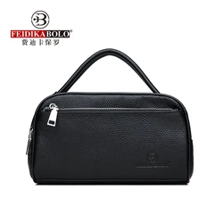 Bolso de mano de cuero de vaca genuino para hombre, cartera de mano masculina con doble cremallera, de negocios, a la moda, billetera móvil