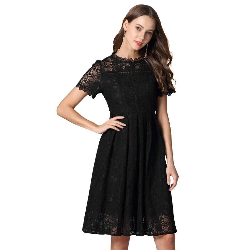 TAOYIZHUAI Summer New Arrival  Black color Big Size Casual Style  A-Line  O-Neck Knee Length   Elegant Women Lace Dress 11698