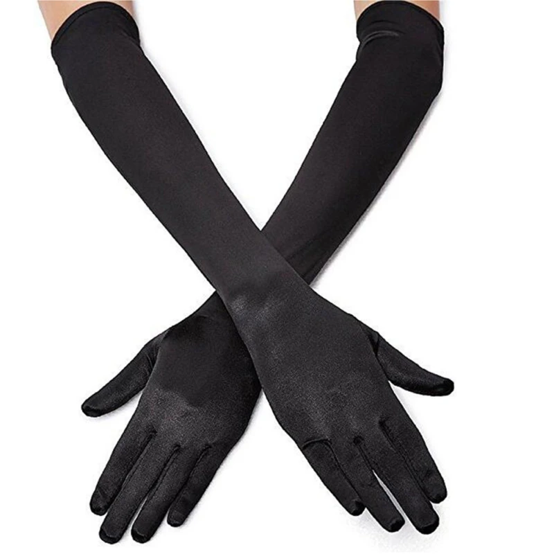 EFINNY-guantes largos clásicos para adulto, color negro, blanco, rojo, gris, piel, estiramiento de pulso, satén, dedo, Flapper, disfraz a juego para