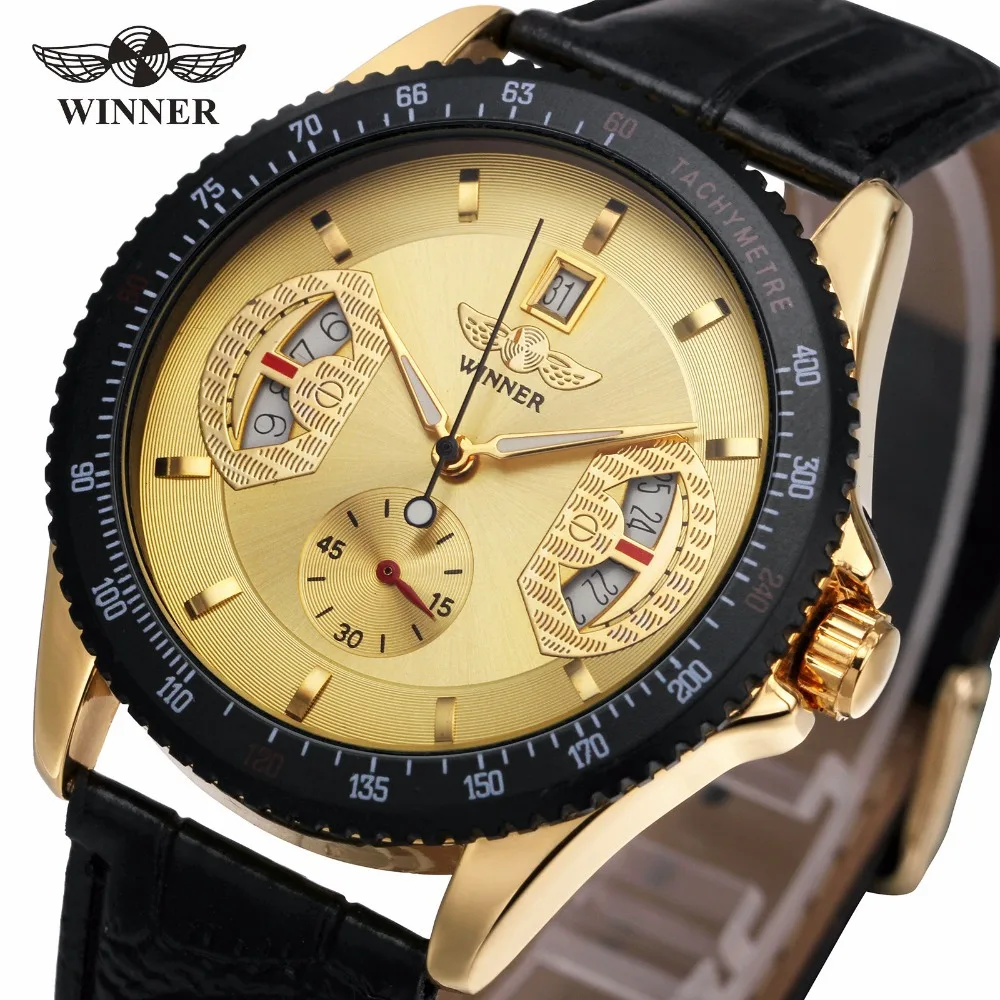 2018 WINNER Brand Man Fashion Auto Mechanical Watch Casual Leather Strap Sub Dial Date Display Tachometer Top Brand Luxury Wrist