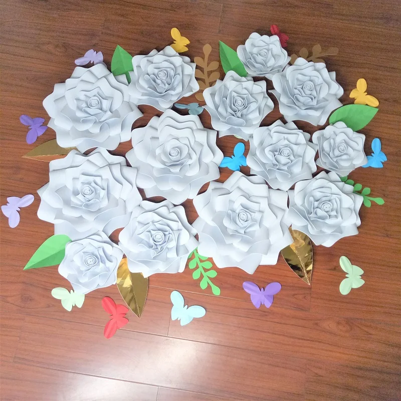 2018 Giant Paper Foam Roses Backdrops 13pcs + Leaves 11pcs + Butterflies 14pcs Wedding Decor rose artificielles pour le mariage