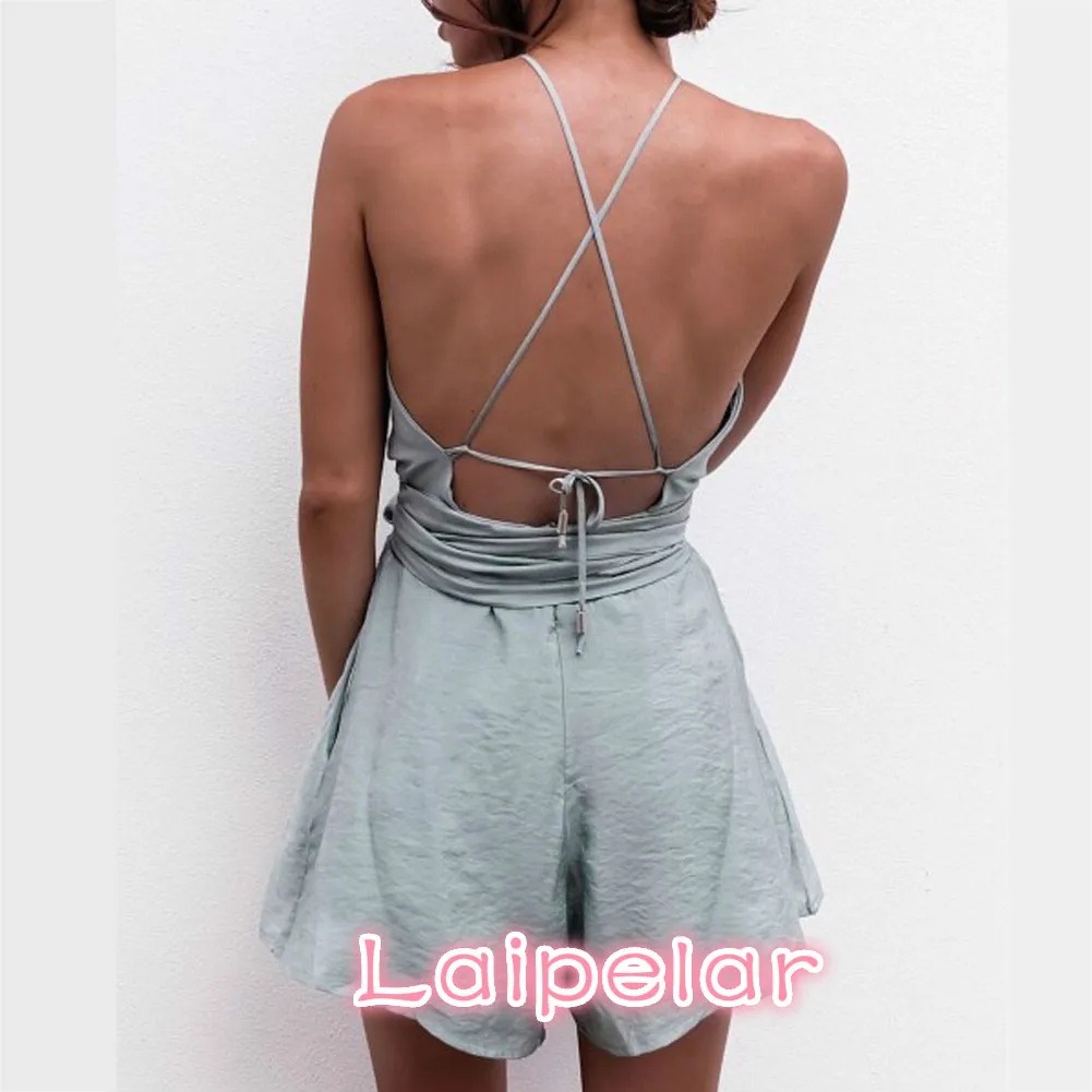 Mono Sexy con cuello Halter para mujer, Peto corto con volantes, mono elegante con Espalda descubierta, traje de playa bohemio, Top cruzado en la espalda