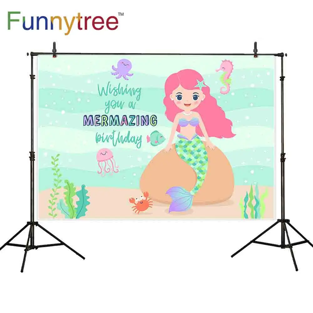 Funnytree photography backdrop mermaid seabed cute crab seahorse invitation cartoon funny wave summer printing photo backgrounds