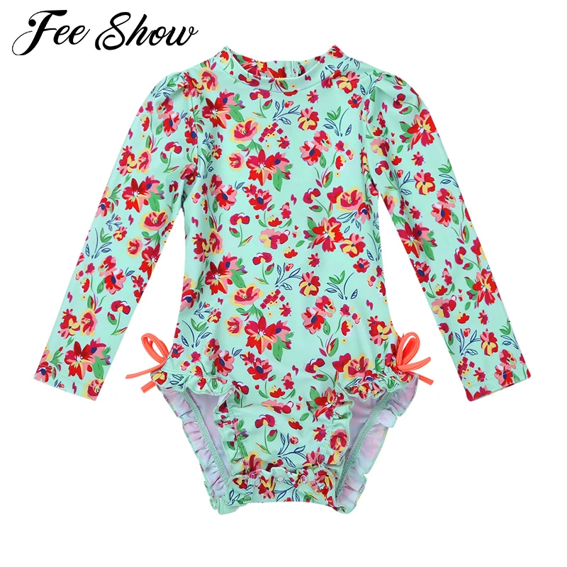 

Cute Toddler Baby Girl Swimwear Long Sleeve UPF50+ Infant Bathing Suits Floral Printed Ruffle Swimsuit Kids One Piece Beachwear