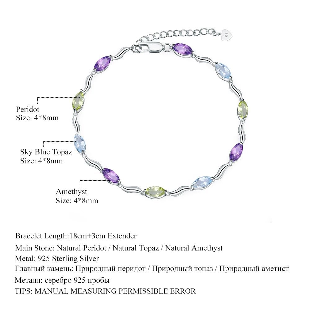 GEM\'S BALLET Sky Blue Topaz Peridot Amethyst Mix Gemstone Bracelets&bangles Pure 925 Sterling Silver Fashion Jewelry For Women
