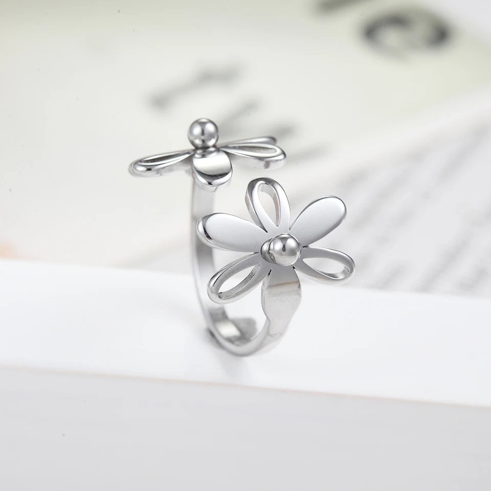 BORASI Top Quality Trendy Stainless Steel Double Flower Ring Wedding Female New Party Girl A Good Gift Rings For Women