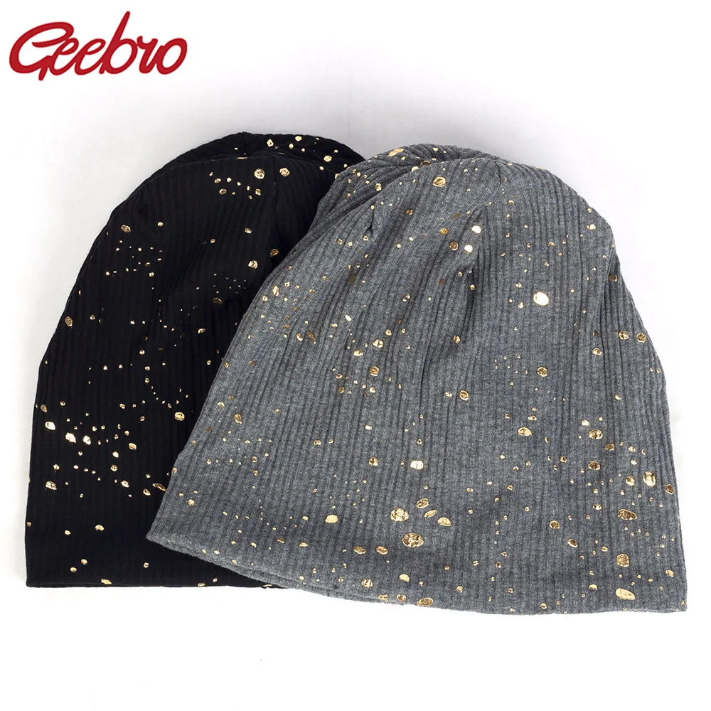 Geebro Women\'s Fashion Splatter Paint Ribbed Beanie Hat Metallic Color Cotton Beanies for Femme Slouchy Black Bronzing Skullies