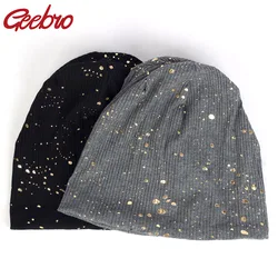 Geebro Women's Fashion Splatter Paint Ribbed Beanie Hat Metallic Color Cotton Beanies for Femme Slouchy Black Bronzing Skullies