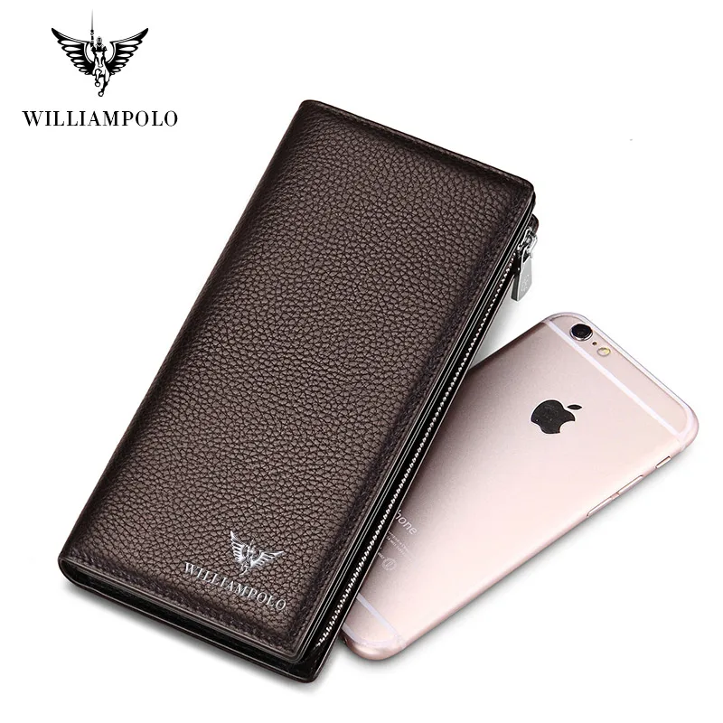 WilliamPOLO New Mens Wallet Zipper Hasp Long Genuine Leather Business Phone For Credit Cards Clutch Wallet Men POLO128A