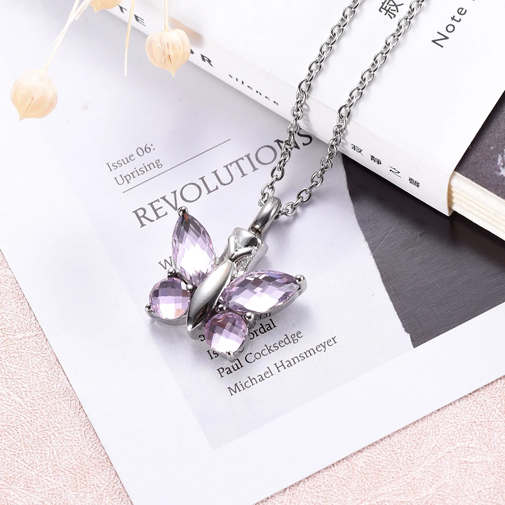 Crystal Glass Inlay Butterfly Ashes Keepsake Memorial Jewelry Stainless steel Never Rust Cremation urn Necklace