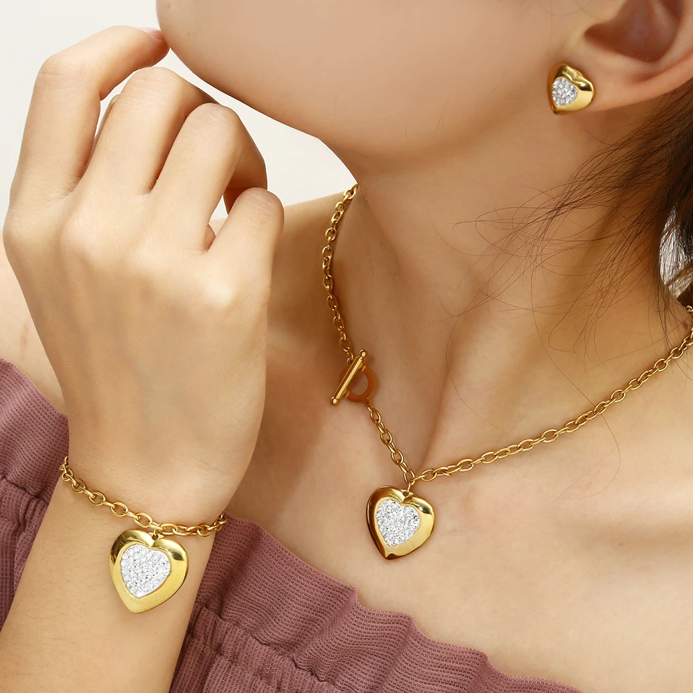 OUFEI Stainless Steel Jewelry Woman Sets Heart Necklace Earrings Bracelet Set Accessories Fashion Jewelry sets Gifts For Women
