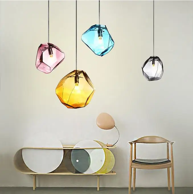 

Modern Art Colored Glass Stone Pendant Light Restaurant Dining Room Shop Bar LED light Fixture Creative Hanging Lamp