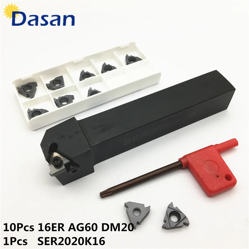 1pcs SER2020K16 and 10pcs 16ER AG60 Carbide Insert External Threading Turning Tool Holder CNC Thread Plate Lathe Turning Set