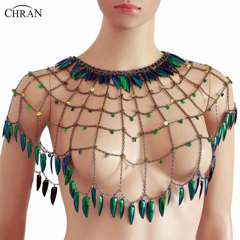 Chran Real Beetle Wing Body Chain Sexy Mesh Black  Shoulder Chain Jewelry Carnival Festival Wear