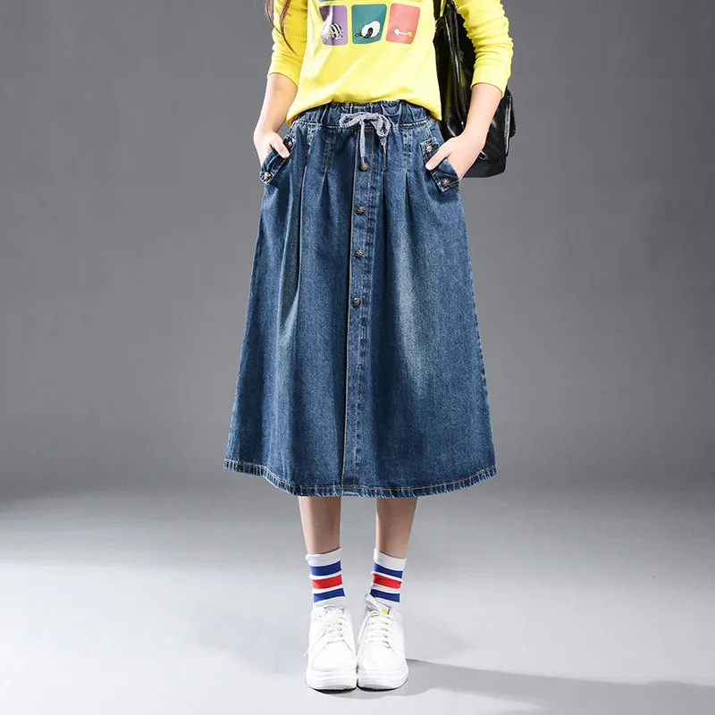 

Summer Denim Midi Elastic Waist A -Line Casual Skirt Large Size Female Leisure Pockets Skirt High Quality 9xl Tt2547