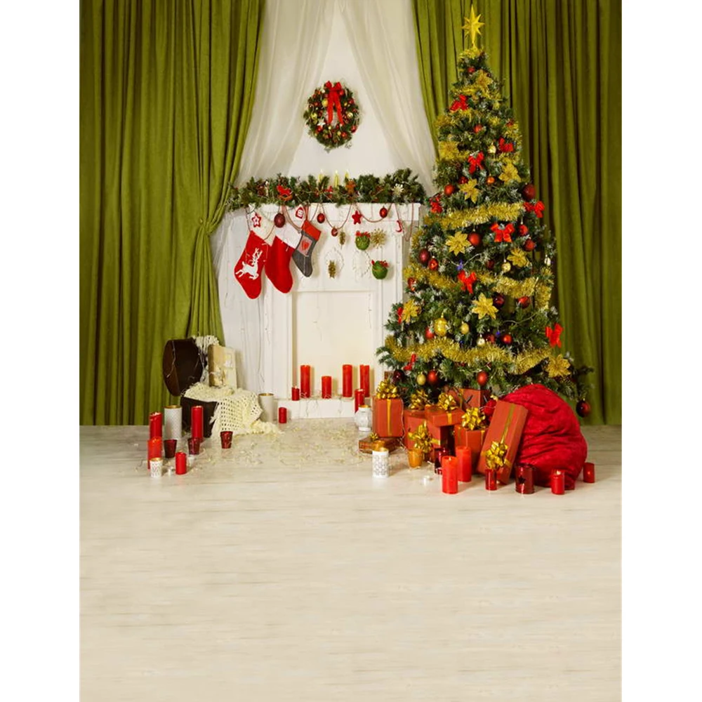 Indoor Fireplace Garland Xmas Scene Photo Background Printed Curtains Christmas Tree Presents Kids Family Party Booth Backdrop