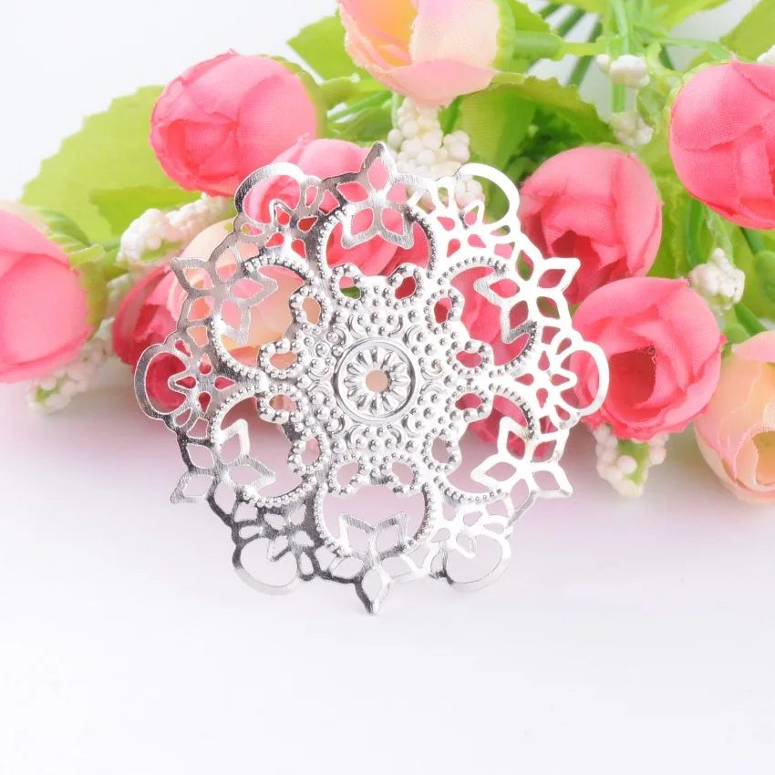 MIAOCHI Retail 5s Embellishment Findings Filigree Connectors Flower Silver Tone Hollow Gift Decoration DIY 5.6x5.5cm F0391