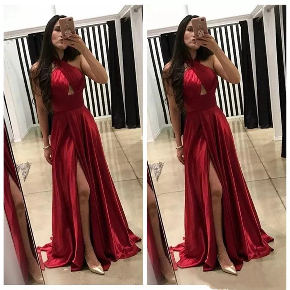 Halter A-Line Prom Dresses Junior Split Front Sweep Train Formal Women Evening Party Gowns Custom Plus Size Vestidos De Cheap