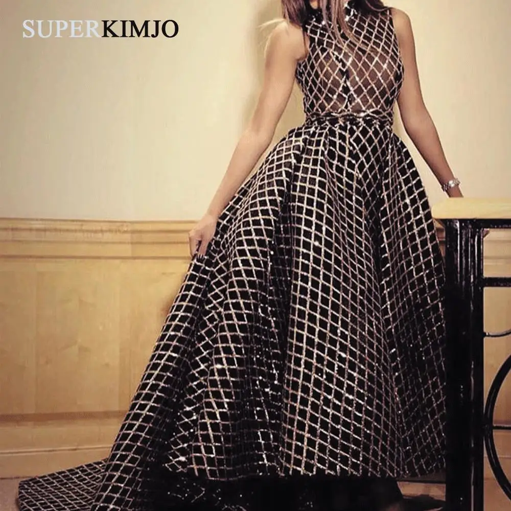 하이넥 블랙 스팽글 이브닝 드레스 2019 Vestido De Longo 분리형 스커트 우아한 이브닝 가운