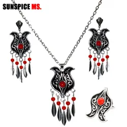 SUNSPICE MS 3Pcs Black Bridal Wedding Jewelry Sets Silver Color Bohemia Sequins Earring Necklace Ring Women Dubai Ethnic Bijoux