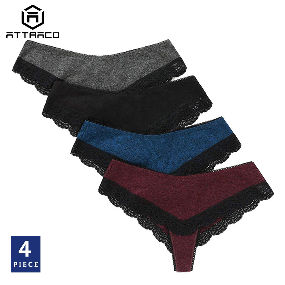 ATTRACO Women's Thong Lace Underwear V String Panties Tanga Briefs Cotton 4 Pack Hot Sale Dropshiping