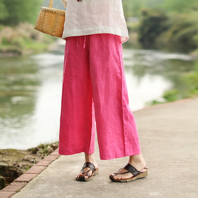 LZJN-Ankle Length Summer Pants for Women, Wide Leg Trousers, Casual Linen Pants, Elastic Waist Ladies Capris, Quality Binding,