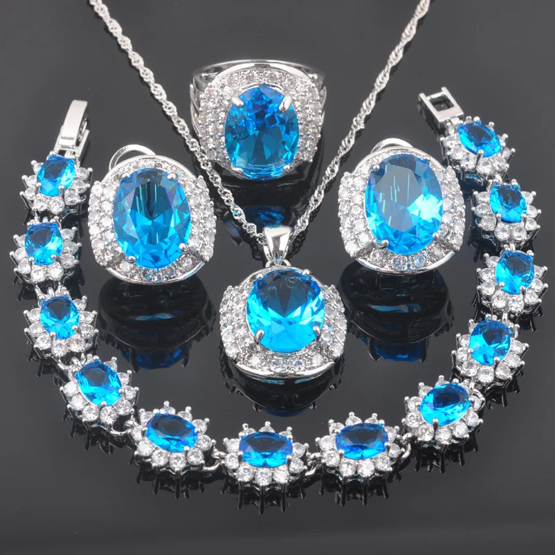 Dubai Jewelry Sets For Women Silver Color Necklace And Earrings Set Cubic Zirconia Ring Bracelet Fast Ship Russian Style QS0239