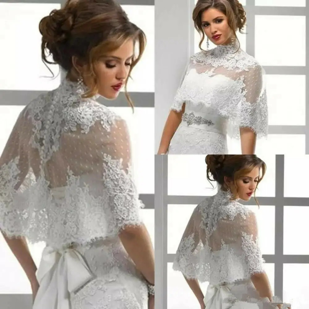 Hot collo alto mantelle da sposa giacche da sposa avvolge giacche corto Bolero Top scialle di pizzo Shrug bianco avorio giacca taglia personalizzata nuovo