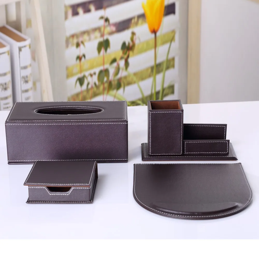 Modern Office Desk Stationery Organizer Set PU Leather Napkin Box Pen Holder Mouse Pad Square Memo Paper Box