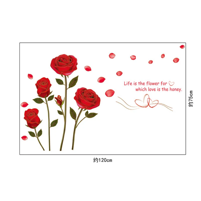 Romantic Hot Sale  Removable Red Rose love Life Is The Flower Quote Wall Sticker Mural For DIY Decal Home Room Art Decoration