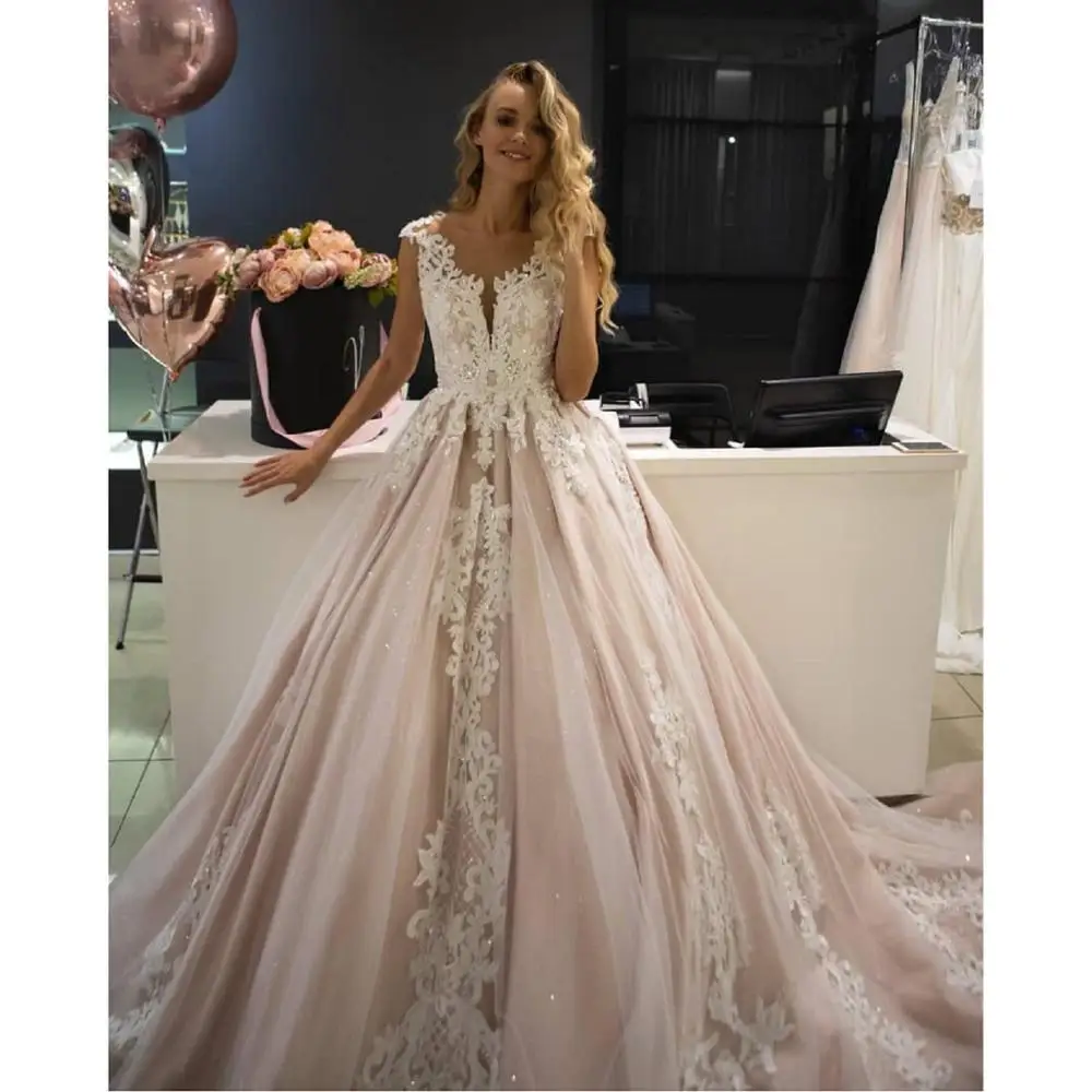 Luxury Applique A-line Wedding Dress 2019 Deep V Neck Wedding es Vestido de Noiva Lace Wedding Dresses Professional Custom