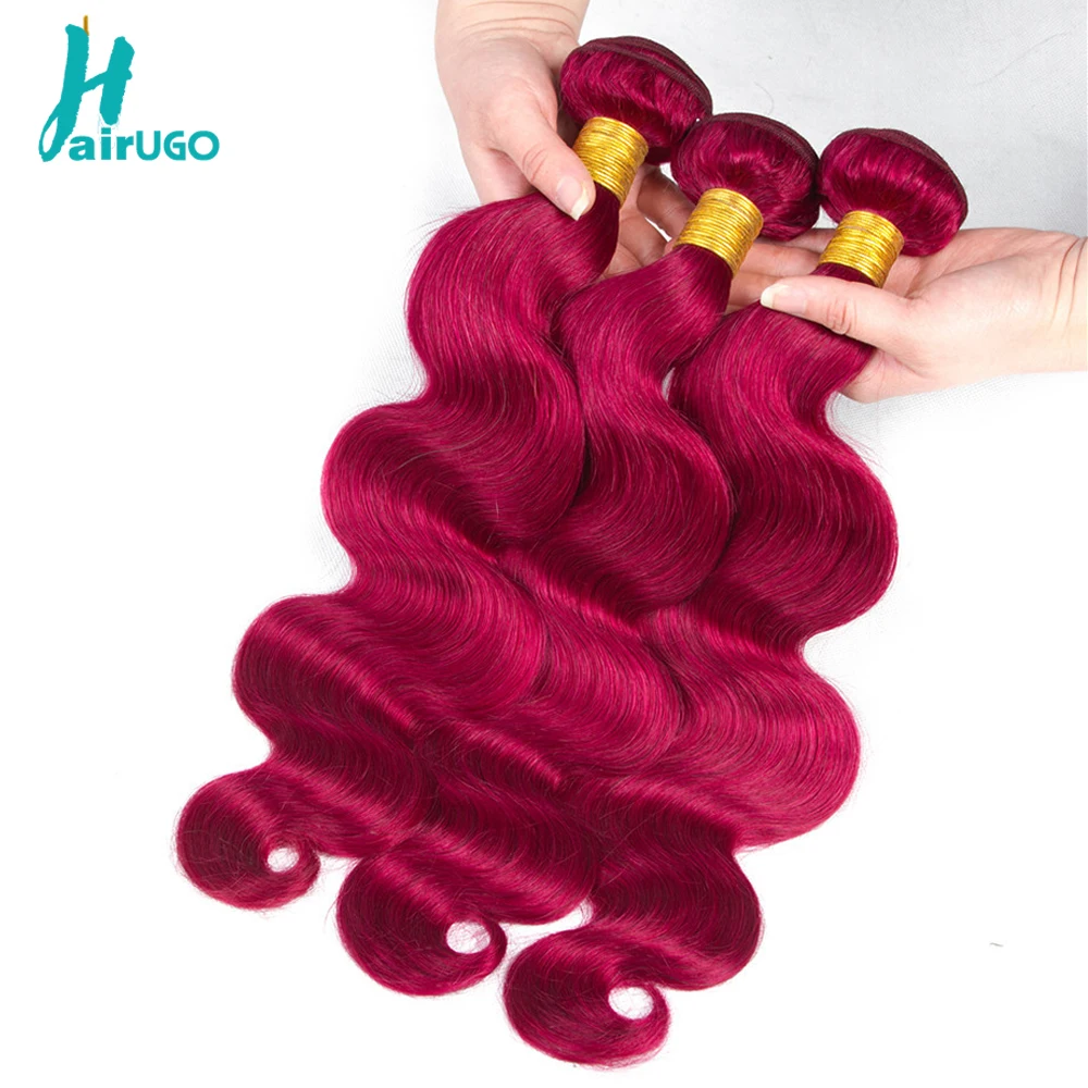 HairUGo-Mèches péruviennes naturelles Remy ondulées, tissage ombré bordeaux, avec closure