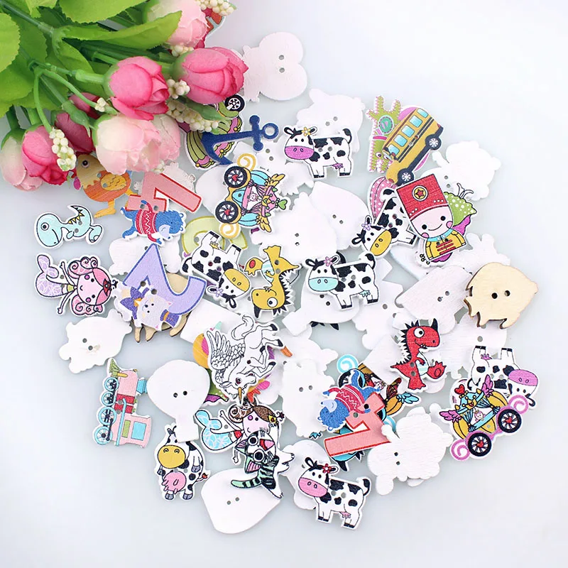 50PCS Random Wooden Button Multi Style 2-Hole Pattern Scrapbook Craft button Children\'s Clothing Accessories Sewing Decorati