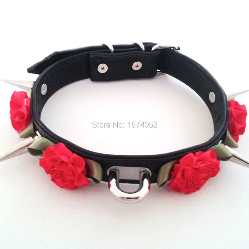 Cute Kawaii 100% Handcrafted Rose Flower Long Spikes Ribbon Lace Up Leather Choker Collar Necklace