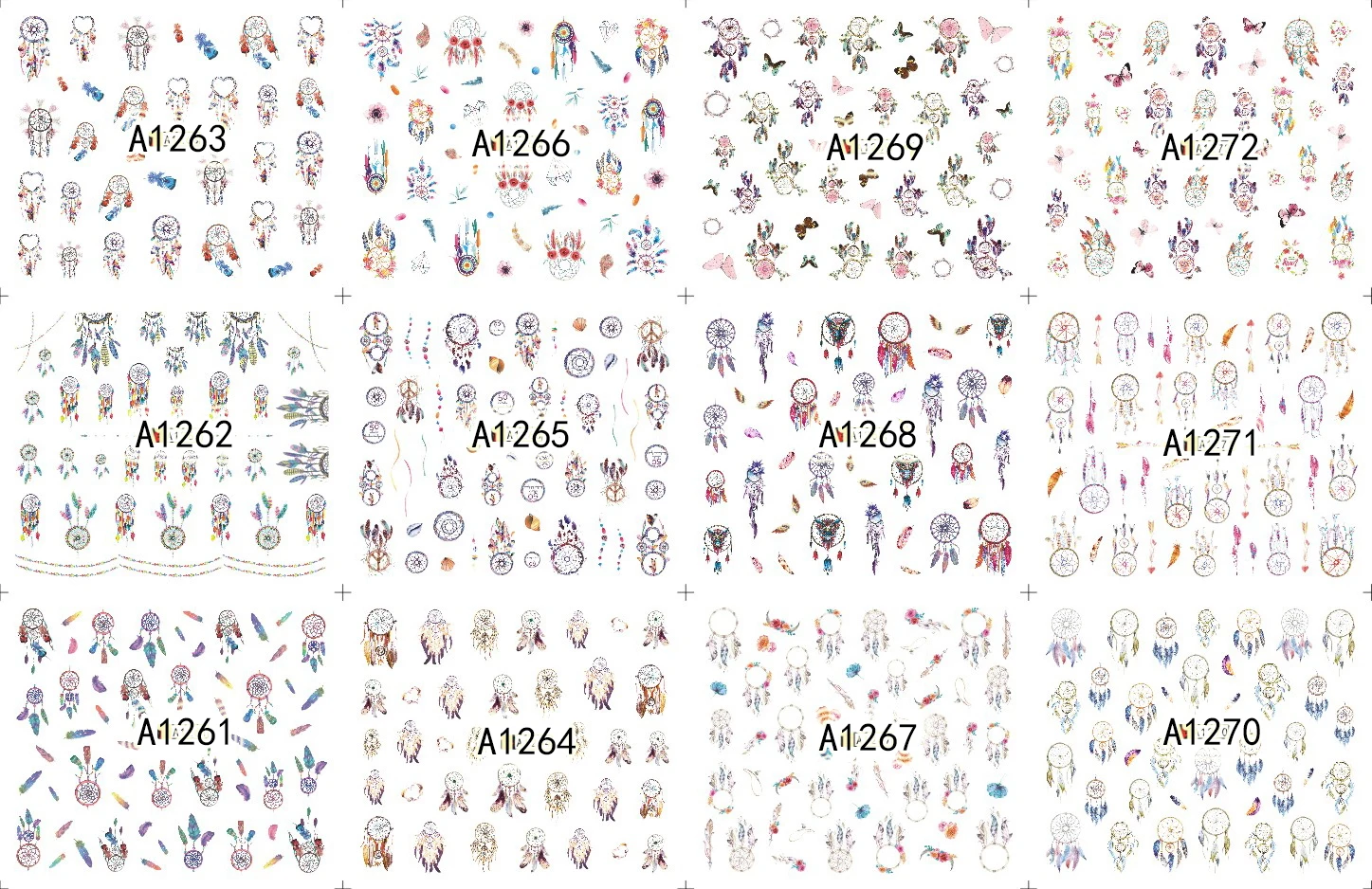 12 Sheets/Lot Nail A1261-1272 Hot Colorful Dream Catcher Nail Art Water Sticker Decal For Nail Water (12 DESIGNS IN 1)