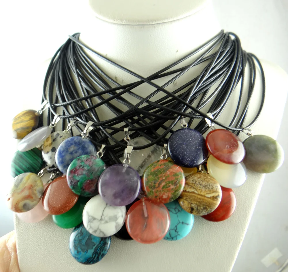 Fashion Jewelry Natural stone lapis lazuli Opal tiger eye Powder Crystal oblate Pendant Leather Chains Necklace Free shipping