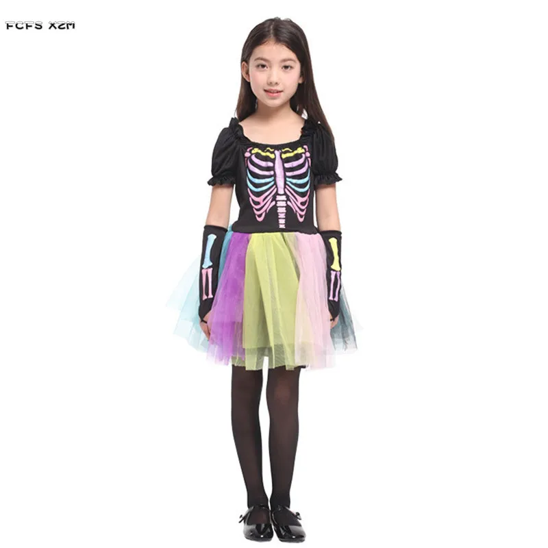 Rainbow Color Girls Halloween Skeleton Scary Costume Kids Children Walking Dead Devil Demon Cosplay Purim Carnival Party Dress