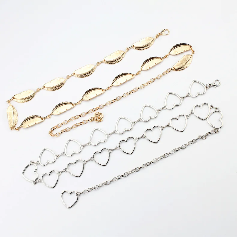 

Clothes Belt Women's Lady Fashion Metal Leaves Heart Chain Belt Chain Gold Narrow Metal Chain Chunky Fringes Belt Hip New