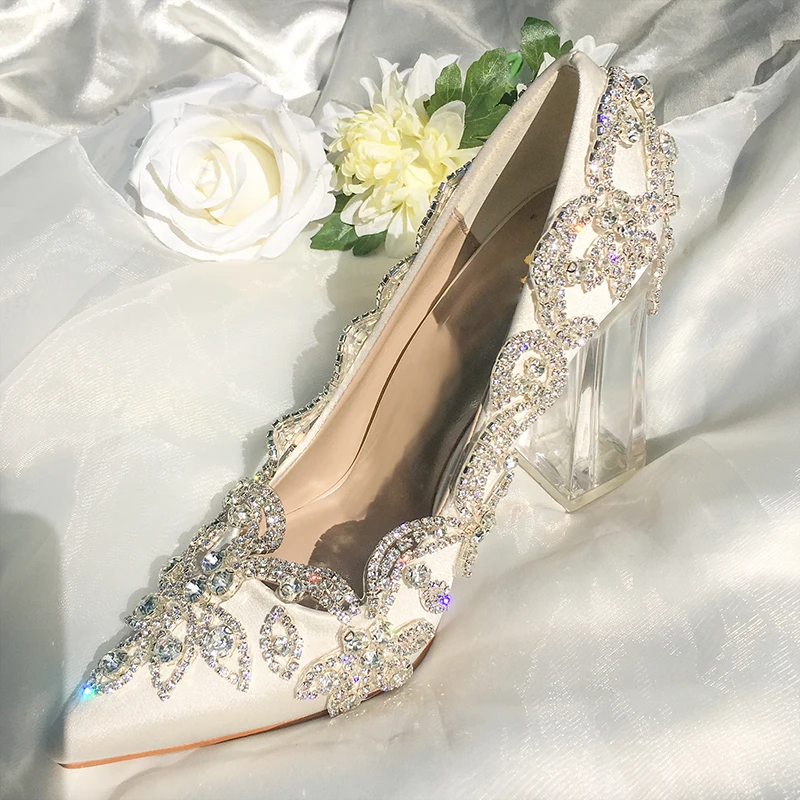 Wedding Shoes Bride Clear Heels Crystal Pumps Christmas Day Evening Party Luxury Queen Satin Silk 10cm Square Heel Plus Size 10