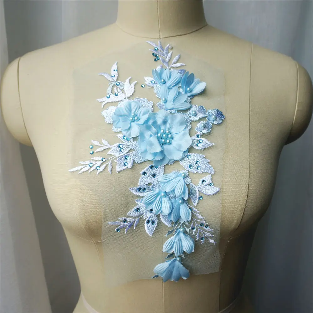 White Blue Red 3D Flowers Beads Rhinestones Appliques Embroidered Wedding Gown Decoration Mesh Fabric Sew Patch For Dress DIY