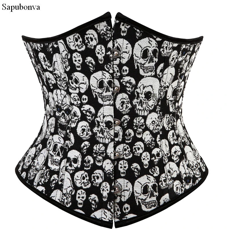 Sapubonva women corset bustier tops steel boned underbust corset plus size skull cupless brocade burlesque basque corselet sexy