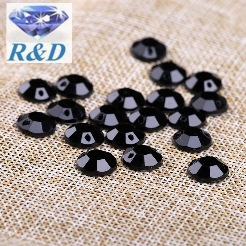 1000pcs/lot 10mm Black Flatback High Quality Acrylic Sewing Round Rhinestone Gems with 2 Holes Acrylic Rhinestones Sew on beads