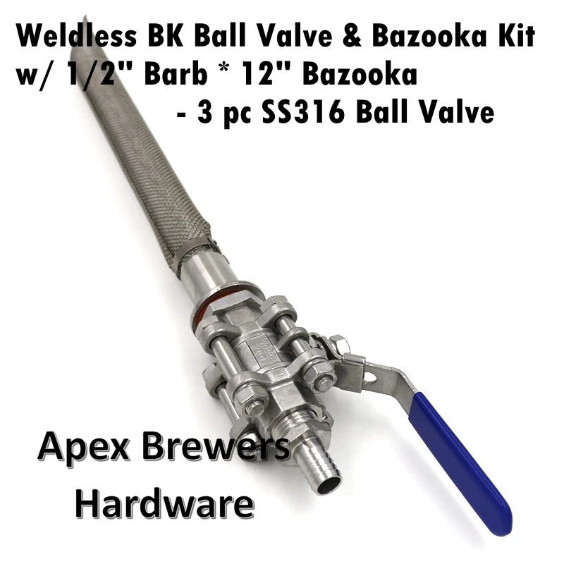 

Weldless Boil Kettle Ball Valve & Bazooka Kit w/ 1'2" Barb, 12" Bazooka, 3 Piece SS316 Ball Valve, Brewers Hardware