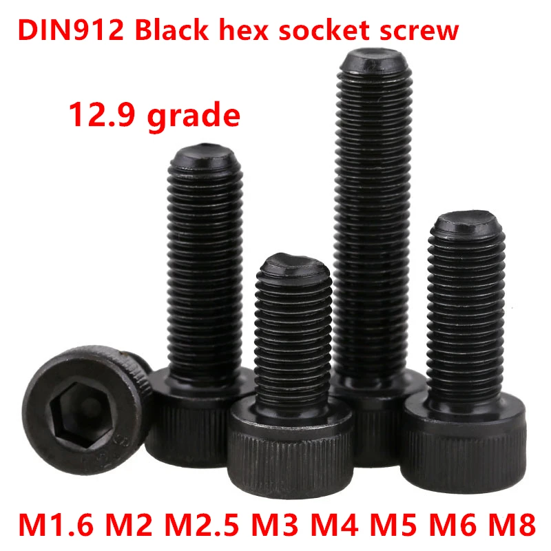 5-50pcs M1.6 M2 M2.5 M3 M4 M5 M6 M8 DIN912 Grade 12.9 Allen Hex socket head screw black Hexagon Socket Head Cap Machine Screws