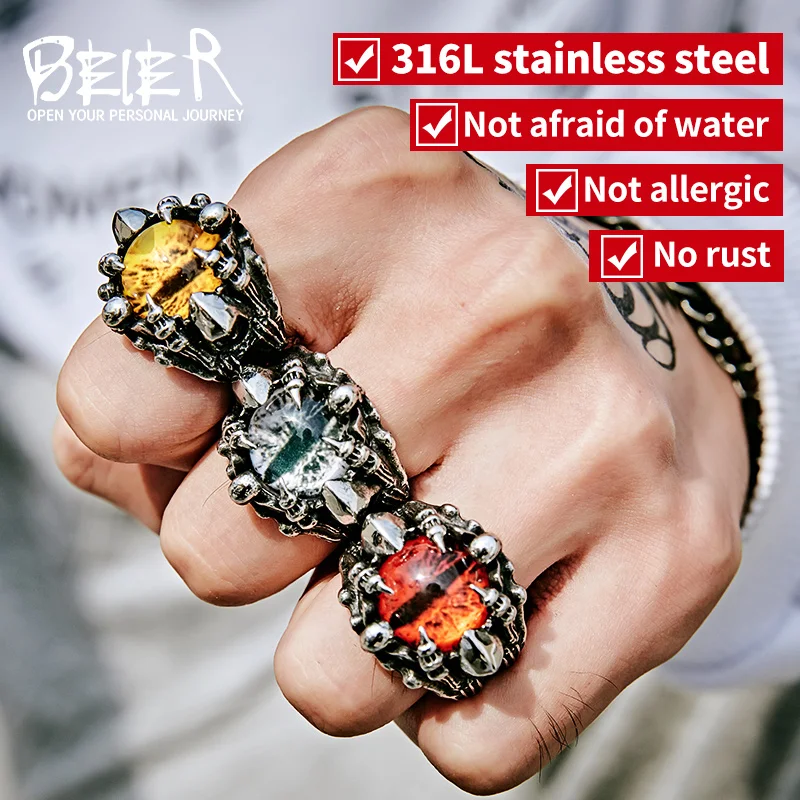 BEIER Punk Rock Claw with three Zircon stone evil eyeball CZ ring men anniversary Biker Skull  jewelry christmas Gift BR8-479