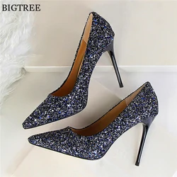 Star di Bling di Stile di Modo di Alta Tacchi Scarpe Nuovo Autunno Donna di Stoffa Con Lustrini Superficiale Sexy Partito Scarpe A Punta Toe Pompe Delle Donne 34-43