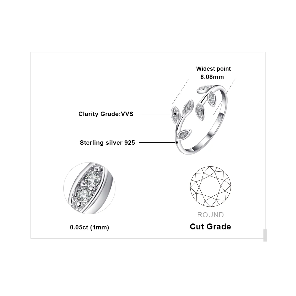 JewelryPalace Olive Leaf Cubic Zirconia 925 Sterling Silver Open Adjustable Ring Cuff for Women Yellow Gold Rose Gold Plated