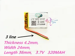 3-liniowy 422436   3.7V 320MAH 402535   Polimerowy akumulator litowo-jonowy / litowo-jonowy do zabawek, POWER BANK, GPS, mp3, mp4, telefonu komórkowego, głośnika