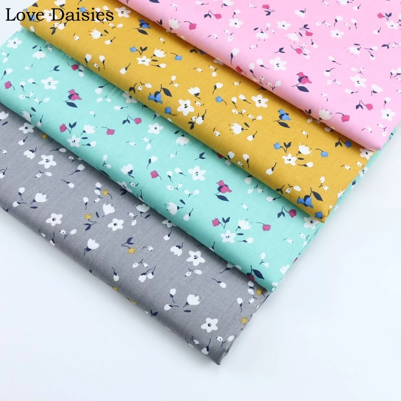100% Cotton Twill PINK GREEN MUSTARD GRAY Pastoral Small White Flower Floral Fabric for DIY Bedding Apparel Dress Handwork Decor